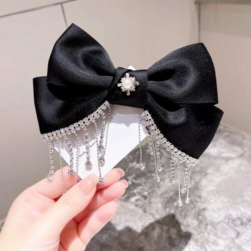 Korean Bow Hairpins Crystal Rhinestone Chain Tassel Snap Hair Clip for Women Girls Bows Hairgrip Luxury Jewelry Hair Accessories