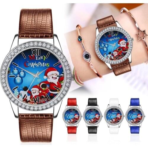 Relógio Merry Christmas Quartz Watch for Women Electronic Watch Xmas Santa Claus Rhinestone Dial with PU Leather Wrist Strap