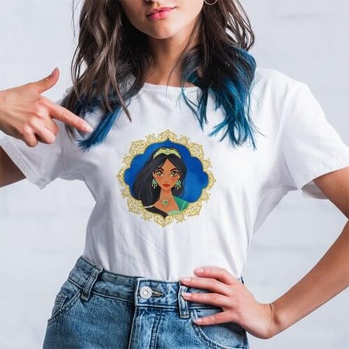Women Short Sleeve Tops Disney Pattern Black Tees Kawaii T-Shirts Loose Cute Princess Jasmine Tshirts Funny Summer New Products