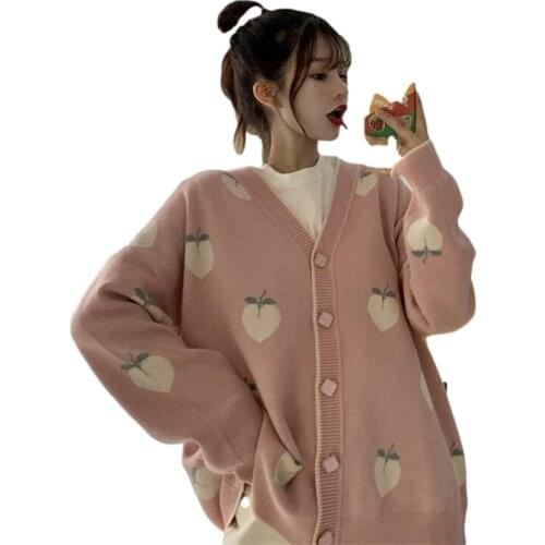 Sweater Cardigan Cute Pink Coat Women Peach Pattern Knitted Oversized Jacket 2021 Korean Autumn Long Sleeve Pull Femme