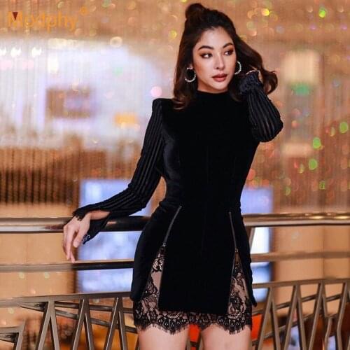 Spring Sexy Long Sleeve O-Neck Zipper Lace Patchwork Backless Velvet Bodycon Dress 2021 Womens Club Evening Party Dress Vestido