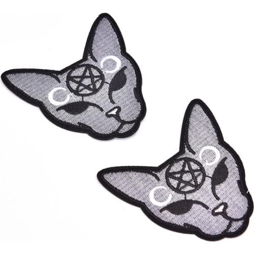 2pcs/lot DIY Iron On Patch Embroidery Customise Cotton Halloween Inverted Pentagram Crescent Moon Gothic Cat Patch