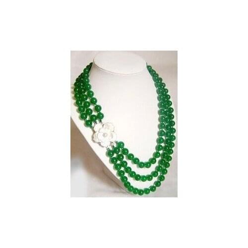 3row nobler 8mm green jades necklace shell flower clasp Free shipping