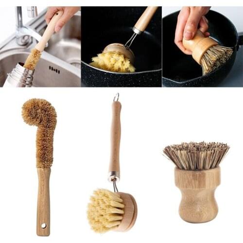 4pcs Kitchen Cleaning Brush Sisal Palm Bamboo High Quality Durable Kitchen Scrub Brush Bowl Pot Set of Clean Tableware