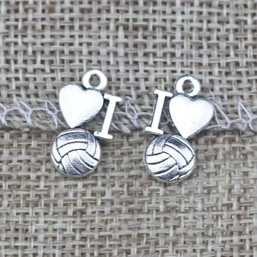 High Quality 50 Pieces/Lot 9mm*17mm Antique Silver Plated Sport Charm I Love Volleyball Volleyball Charms For Jewelry Making