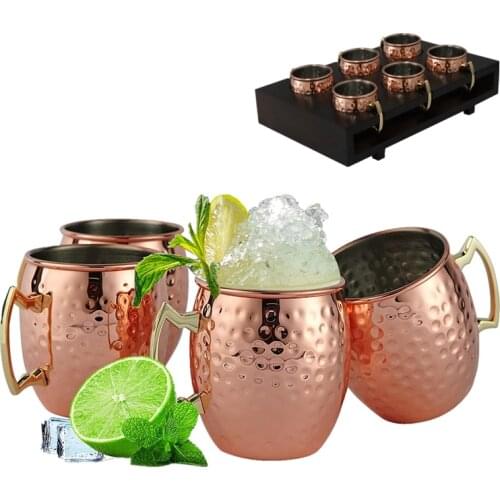 6PCS 60ml 2oz Moscow Mule Mug Set Stainless Steel Hammered Copper Plated Milk Coffee Cocktail wine Travel Cup with Storage Rack