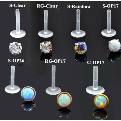 BOG-7PCS AB&Clear&Opal Zircon Bioplast PTFE Labret Lip Bar Ring Monroe Lip Stud Ear Cartiliage Tragus Helix Piercing stud Ring