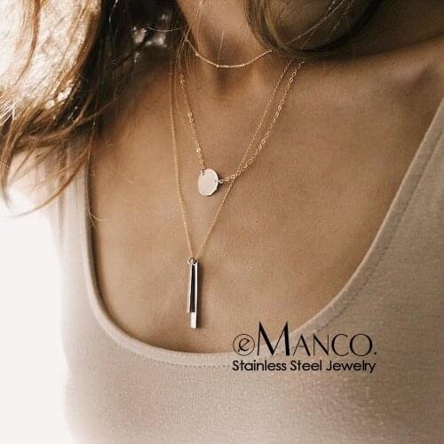 E-Manco 36L Stainless Steel Round vertical bar pendant Necklace Multilayer Gold Simple Necklace For Women Jewelry Choker