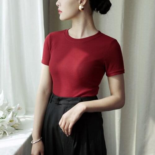 Elegant Office Lady Cotton T-Shirts 2020 Summer New O-Neck Short-Sleeved Slim Elastic Knitted Short Female Pulls Outwear Tops