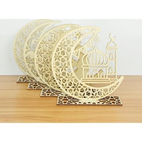 EID Mubarak Wooden Pendant Crafts Eid Mubarak Moon Wooden Plaque Hanging Decorations Muslim Party Supplies Decorations