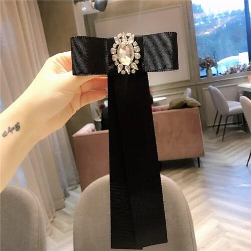Korean Trendy Black Long Ribbon Bow Tie Brooch Rhinestone Bowknot Necktie Pin Shirt Collar Pins for Women Jewelry Accessories