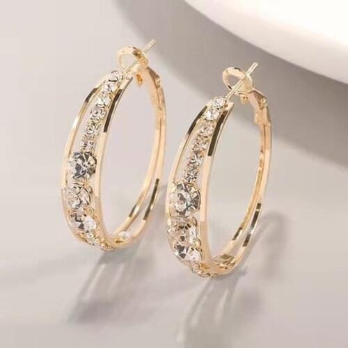Fashion Women Big Round Crystal Hoop Earrings Punk Exaggerated Shiny Rhinestone Alloy Circle Earrings Party Jewelry Gifts