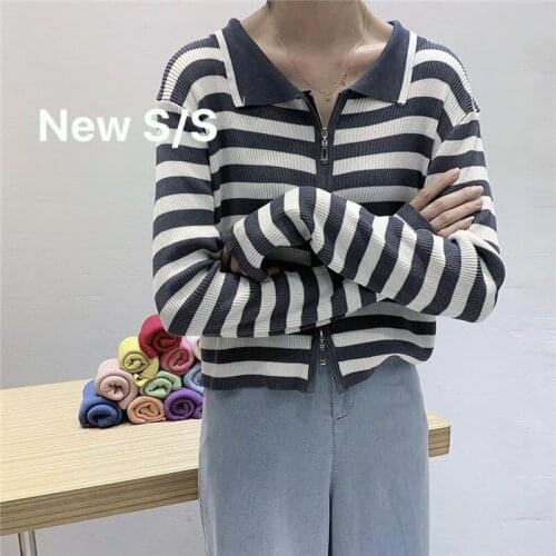 Zoki Fashion Striped Women Sweater Autumn Knitted Zipper Crop Cardigans Casual Long Sleeve Autumn Korean Female Fall Tops 2021