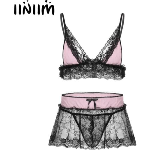 Mens Erotic Ruffles Lace Sissy Lingerie Set Spaghetti Straps Bra Top with Mini Skirt G-string Panties Sexy Babydoll Sleepwear
