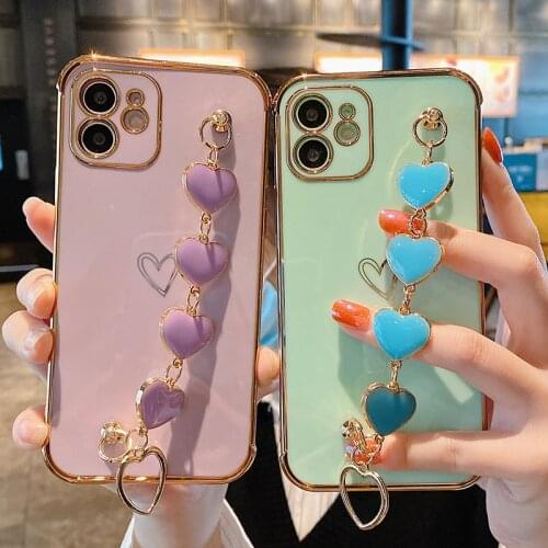 Luxury Plating Love Heart Chain Wrist Bracelet Soft Case For iPhone 12 Pro Max Mini 11 Pro Max X XS XR 7 8 Plus SE 2020 12 Cover