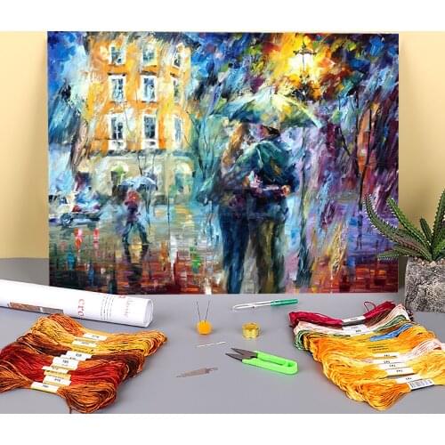 Oil Painting Style City Rain Printed Fabric 11CT Cross-Stitch DIY Embroidery Kit DMC Threads Painting Handiwork Promotions