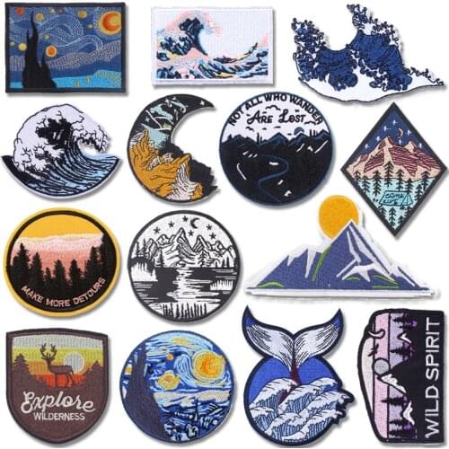 Van Gogh Patches For Clothing Wilderness Travel Wave Stripes Iron On Embroidered Patches For Clothes Mountains Camping Appliques