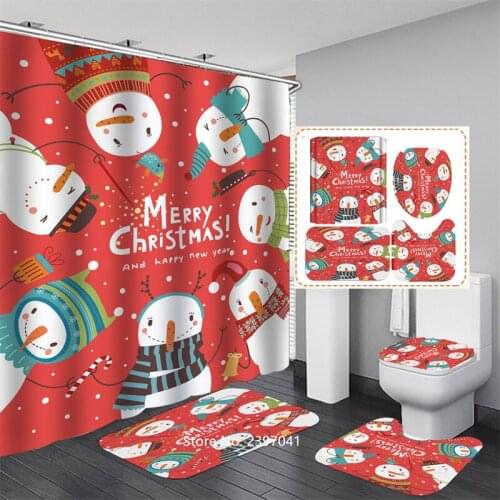 2021 New Christmas Series Printed Waterproof Bathroom Shower Curtain Toilet Cover Bathroom Blanket Mat Set Shower Curtain