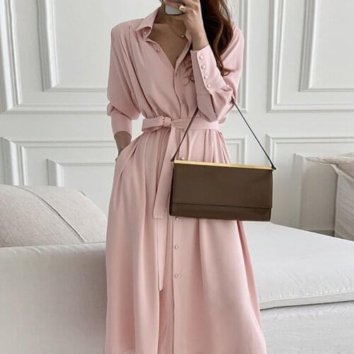 Wenfly Female Dresses Shirt Long Sleeve Sashes Single Breasted Casual Loose Clothing Office Korean Woman Maxi Dress