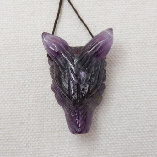 New!Handmade Fashion Wolf Head Natural Stone Amethyst Purple Color Pendant Semi-precious DIY Jewelry 35x25x13mm 11.3g