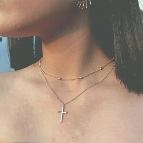 Simple Gold Cross Pendant Necklace Multi-layer Bead Chain Choker Necklaces For Women Girls Clavicle Chain Jewelry Party Gifts