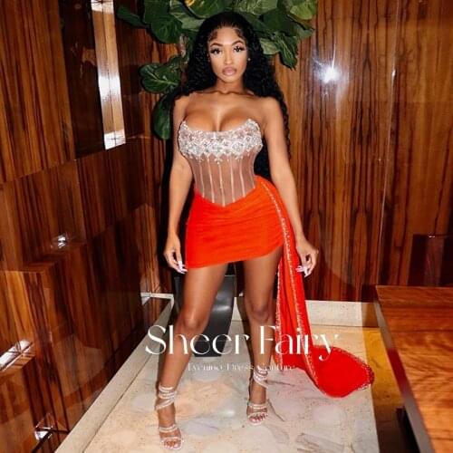 Sexy Illusion One Shoulder Ruffled Rose Pink Short Prom Dresses Side Split Knee Length Evening Gowns Women Formal Party Dress