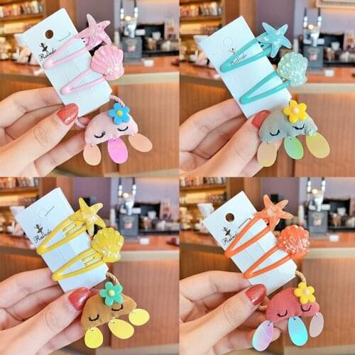 3 Pcs/Set Children Cute Colors Starfish Shell Hair Bands Hairpins Girls Lovely Hair Clips Kids Rubber Bands Hair Accessories