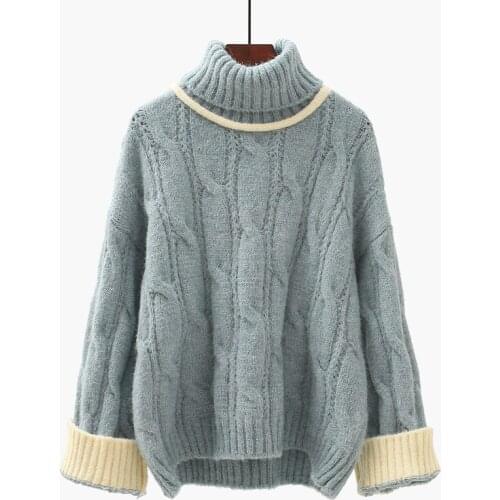 Sweet Style Turtleneck Women Sweater Patchwork Loose Long-Sleeved Thicken Warm Twisted Female Outwear Coats Tops