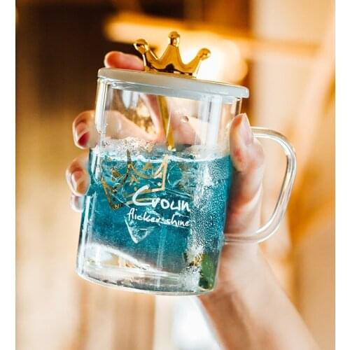 Crown Glass Cups Milk Coffee Mug High Boron Silicon Double-deck Big Transparent Travel Mug Double Wall Glass With Lid