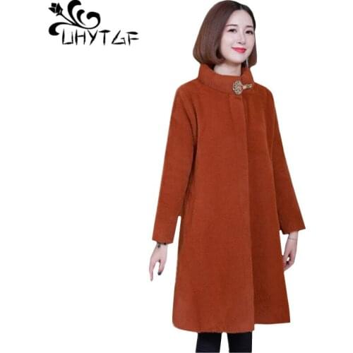 UHYTGF 4XL plus size tops outerwear Quality Mink Cashmere Winter wool coat womens temperament mom casual warm woolen jacket 1025