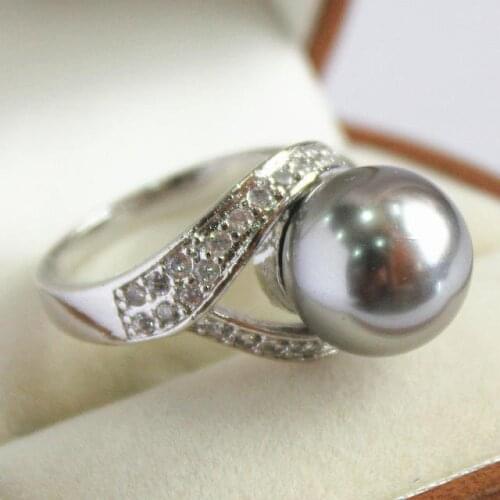 High quality ladys r plated with crystal decorated &12mm gray shell pearl ring(#7 8 9 10)