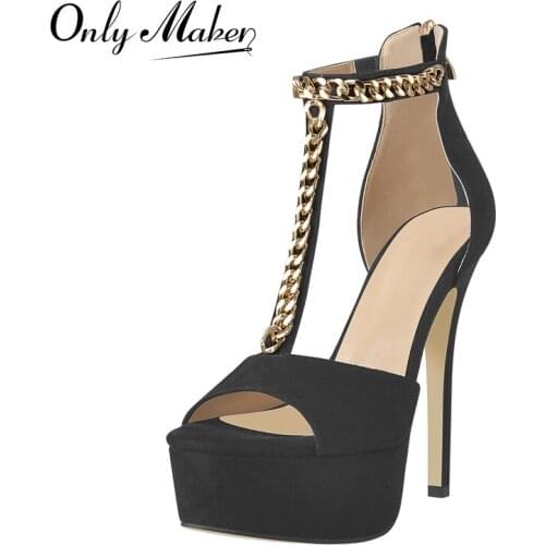 Onlymaker Womens Peep Toe Platform Sandals Black Flock Ankle Strap Metal Chain Bordered Thin High Heels Shoes Zipper Large Size