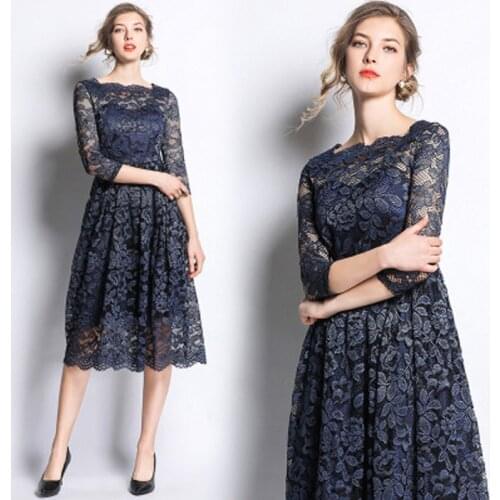 Woman summer long knee-lenght dress women elegant dress and ladies dress O-Neck Vintage lace dress for women