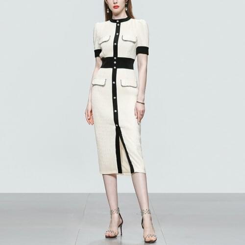 Runway Designers Vintage Summer Dress 2021 Women Elegant O-neck Short Sleeve Single Breasted Chiffon Dresses Midi Vestidos