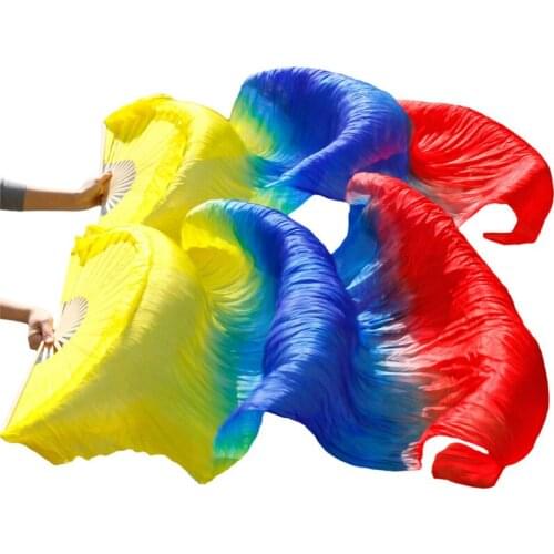 2018 female high quality Chinese silk veils dance fans Pair of belly dancing fans cheap hot sale yellow+royal blue +red