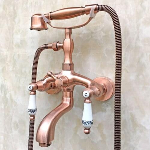 Antique Red Copper Clawfoot Bath Tub Mixer Tap Faucet Handheld Shower Wall Mount Dual Ceramics Levers Handles atf802