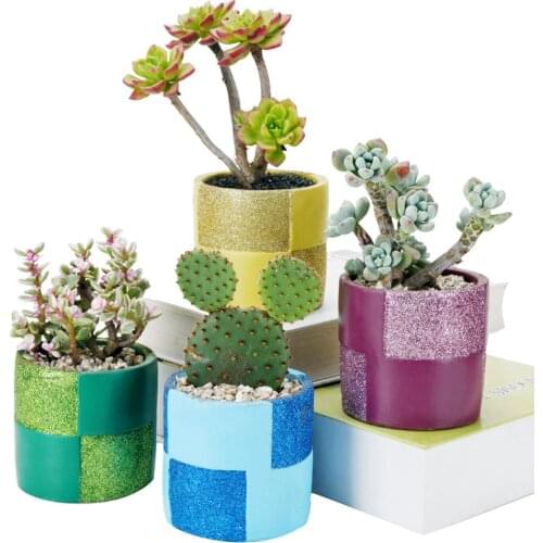 Glitter Surface Succulent Planters Cement Pots with Bamboo Tray Grey, for Home,Office Decor Perfect Gift Idea 3.14Inch 4 In set