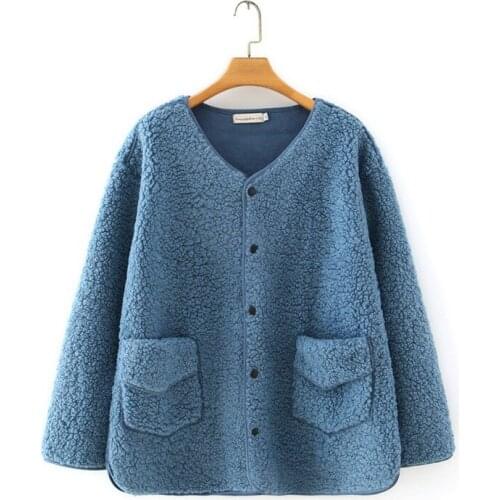 Plus Size XL-4XL Womens Lamb Wool Autumn Jackets Long Sleeved Elegant Outerwear with Pockets