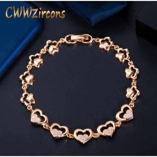 CWWZircons Beautiful Cubic Zirconia Paved Gold Color Love Heart Shape Bracelet for Ladies Trendy GIft Jewelry Accessories CB240