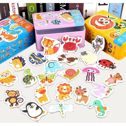 Wooden Learning Card Puzzles Toy Early Educational Toy Cartoon Traffic Animal Fruit With Iron Box Kids Cognitive Puzzle Baby Toy