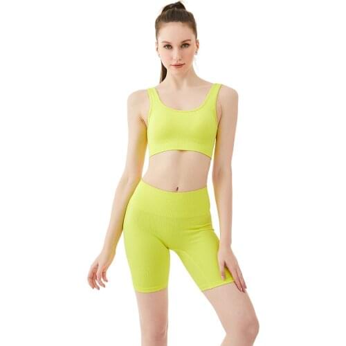 2pcs High Waist Yoga Shorts Sets Seamless Sports Suit Gym Clothes Fitness Women Sports Bra Ribbed Workout Set Outfits