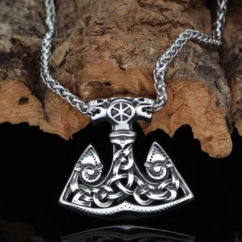 Men norse viking wolf stainless steel thor hammer axe Talisman MJOLNIR pendant necklace