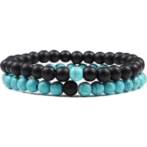 Set Bracelet Couples Distance Black White Onyx Natural Stone Turquoises Men Women Elastic Rope Jewelr