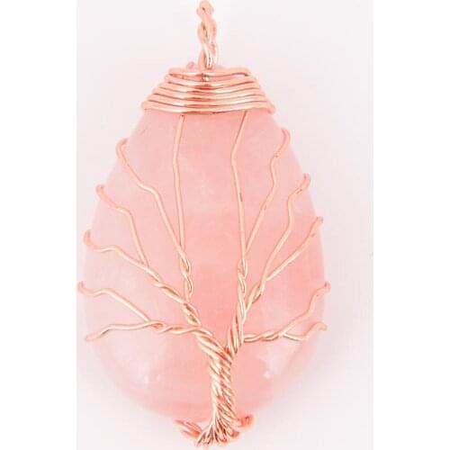 Natural Gem StoneGold Color Tree of Life Wire Wrap Water Drop Necklace Pendant for Women Jewelry Green Quartz Tig D524