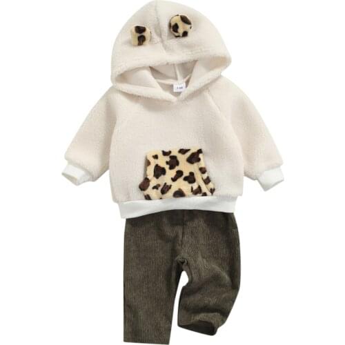New Baby Girls Boys Wool Clothes Sets Leopard Printed 3D Ear Hooded Long Sleeve Pocket Tops Pants Set