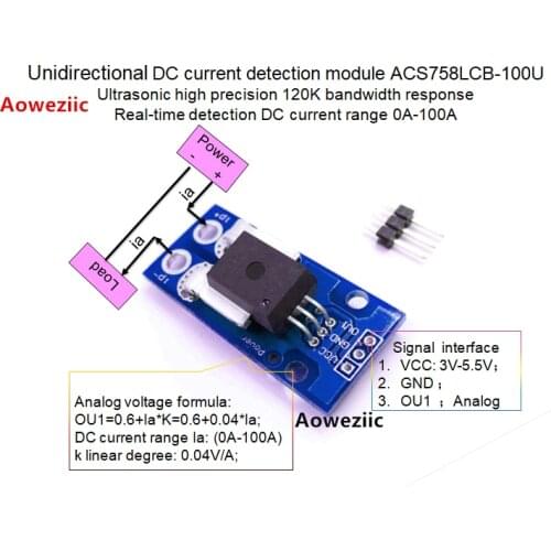 Unidirectional DC Current Sensor module ACS758LCB-100U 120 kHz Bandwidth DC: 0-100A 0.04V/1A