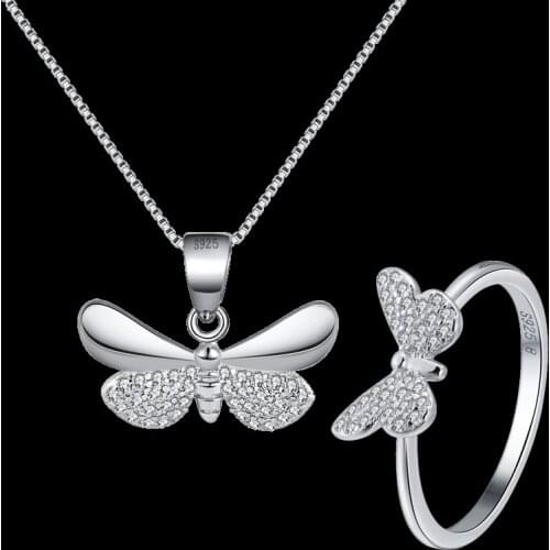 ORSA JEWELS Trend Cute Butterfly Necklace and Finger Rings for Women 925 Sterling Silver Jewelry Set Korean Fashion Jewelry SN89