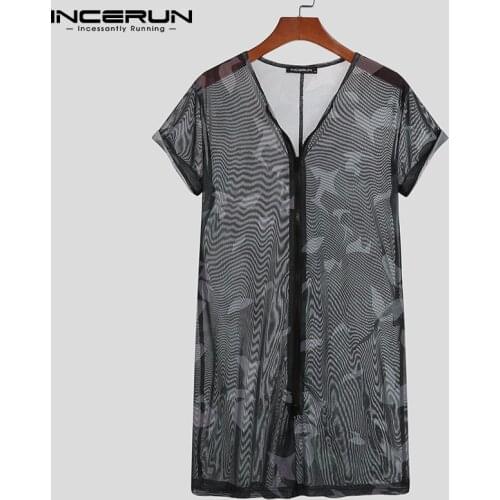Men Pajamas Rompers O Neck Short Sleeve Mesh Fitness Homewear See Through Sexy Breathable Printed Jumpsuit Men Bodysuits INCERUN
