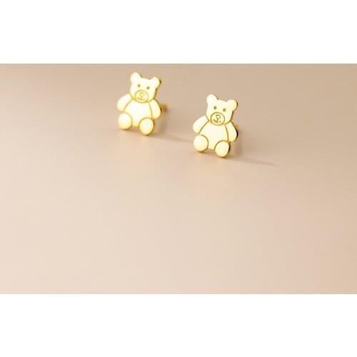 Real 925 Sterling Silver Cute Little Bear Stud Earrings for Women Girls Hypoallergenic Jewelry
