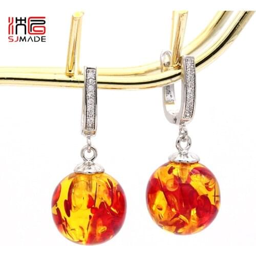 SJMADE Vintage Fashion Round Flower Ambers Dangle Earrings 585 Rose Gold Japanese South Korean Eardrop For Women Wedding Jewelry